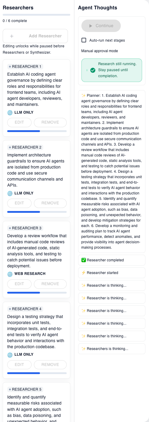 Multi-Agent AI Researchers and Agent Thoughts panels in light mode while researchers are in progress