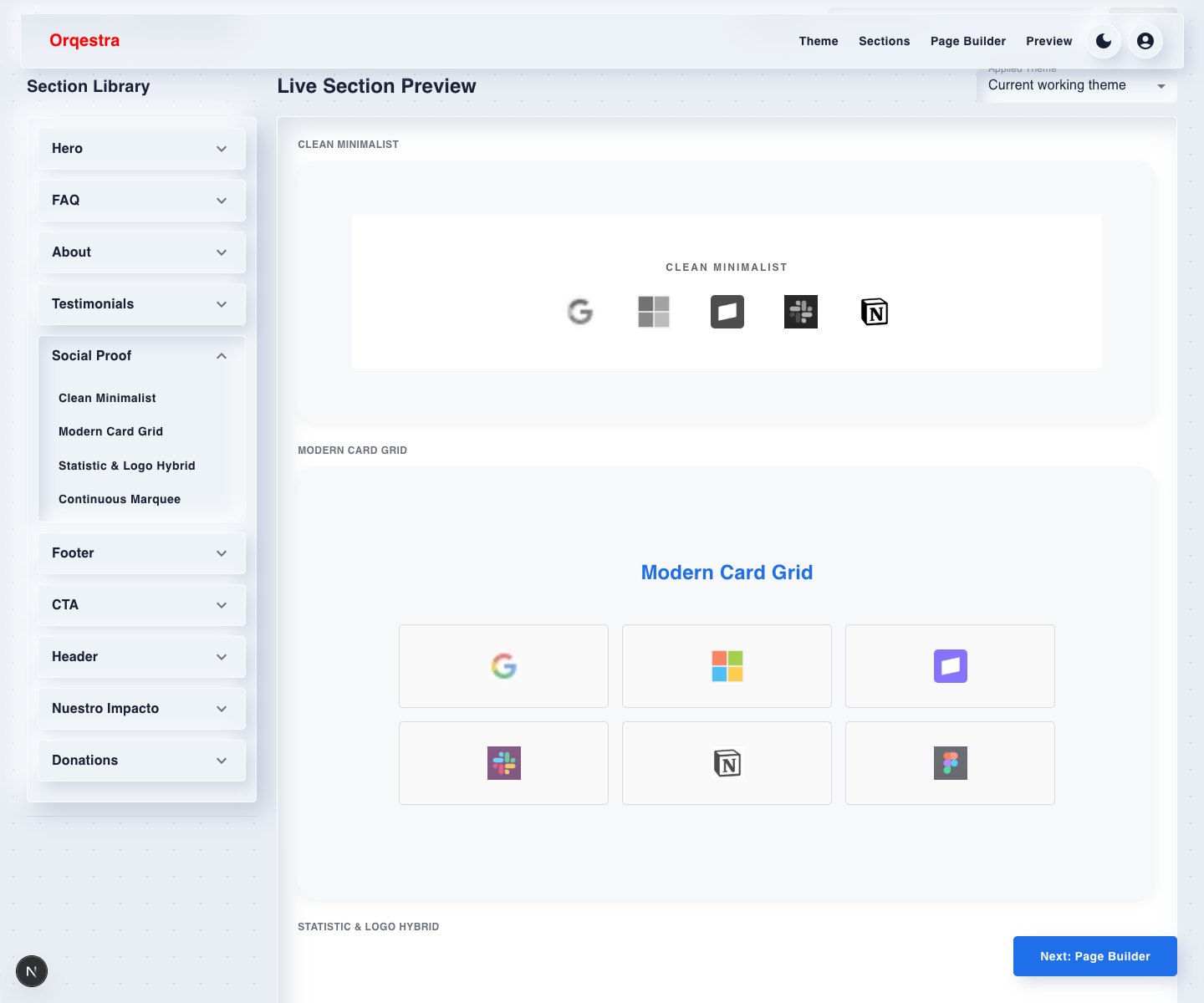 Orqestra Section Builder Social Proof accordion open in light mode