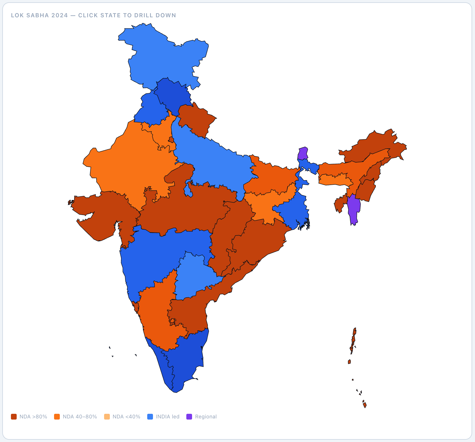 Light mode India map widget for national election drill-down